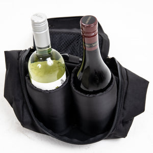 Protect your wine or shoes on the Golf Course in style with the Soulful Golf Shwine Bag. Premium, padded, plush nylon interior protects your wine or shoes and stands upright when loaded. Dual vent holes allow for air circulation while preventing spills.  Includes 2 removable Velcro wine bottle sleeves and a deluxe wine bottle opener. 